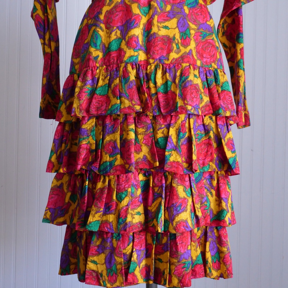 Fun wild vintage 90s Silks by St. Gillian floral silk ruffle skirt party dress - Picture 5 of 8